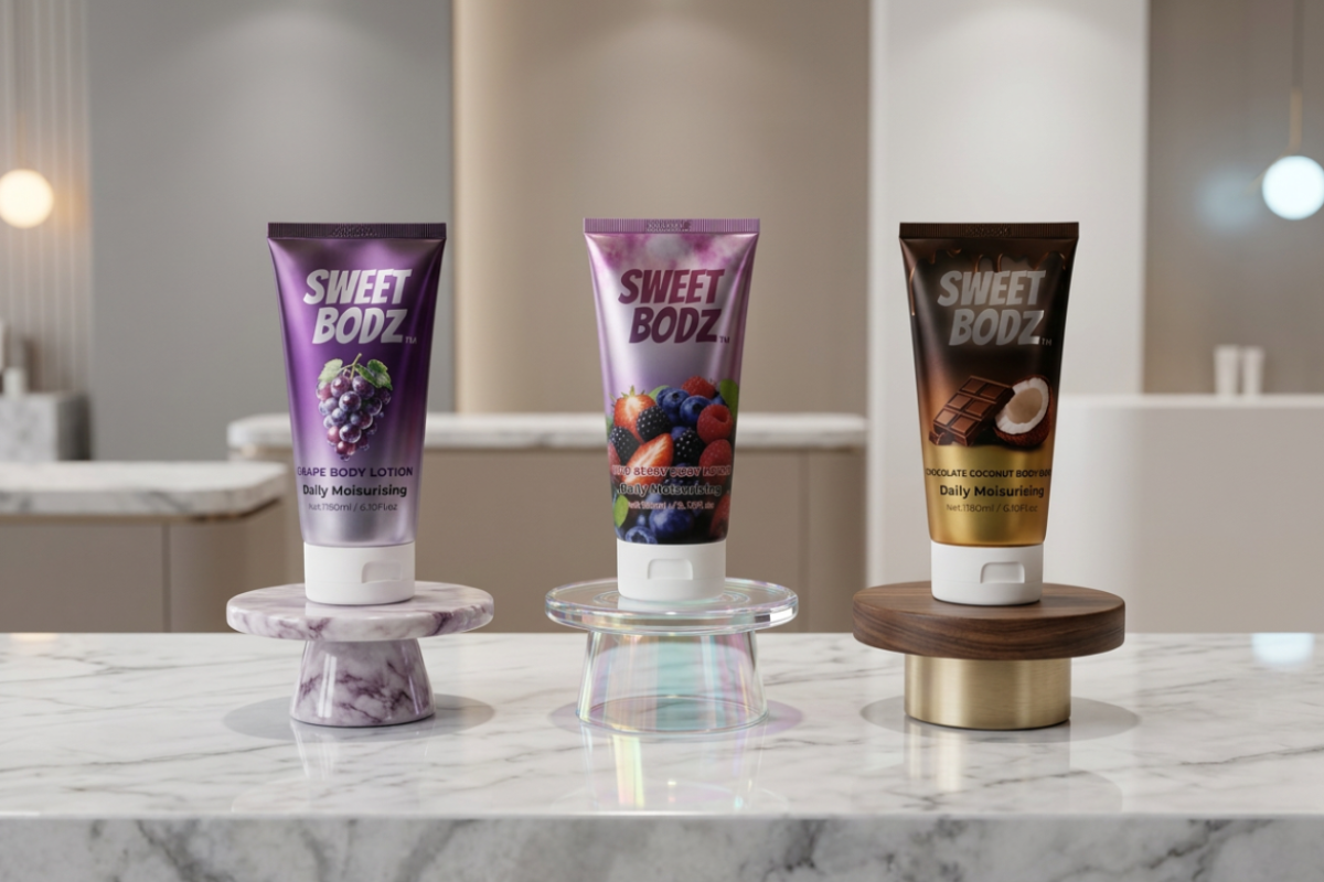 SWEETBODZ body lotion collection featuring grape, mixed berry and chocolate coconut body lotions displayed in a luxury showroom setting