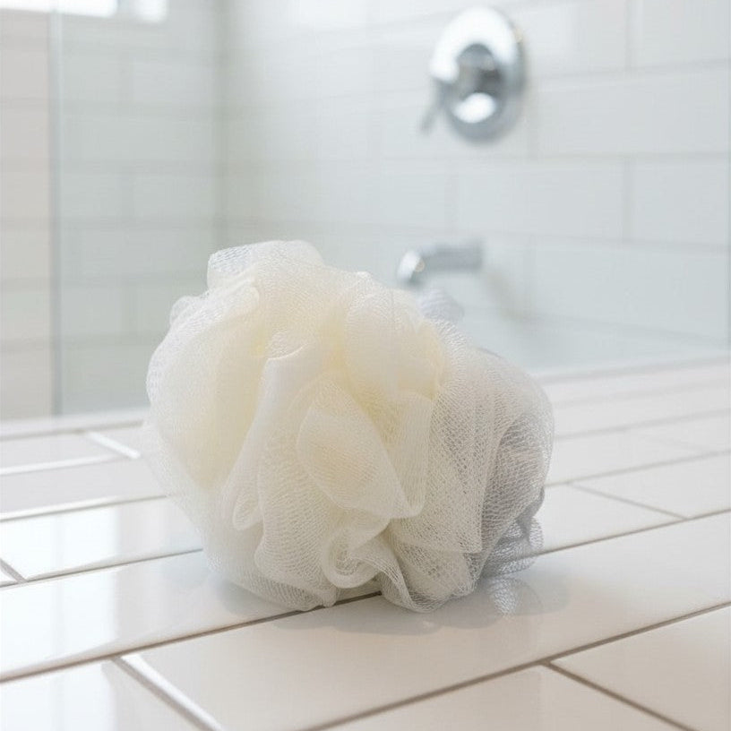 SWEETBODZ Bath Pouf Loofah resting on a tiled shower ledge in a modern bathroom