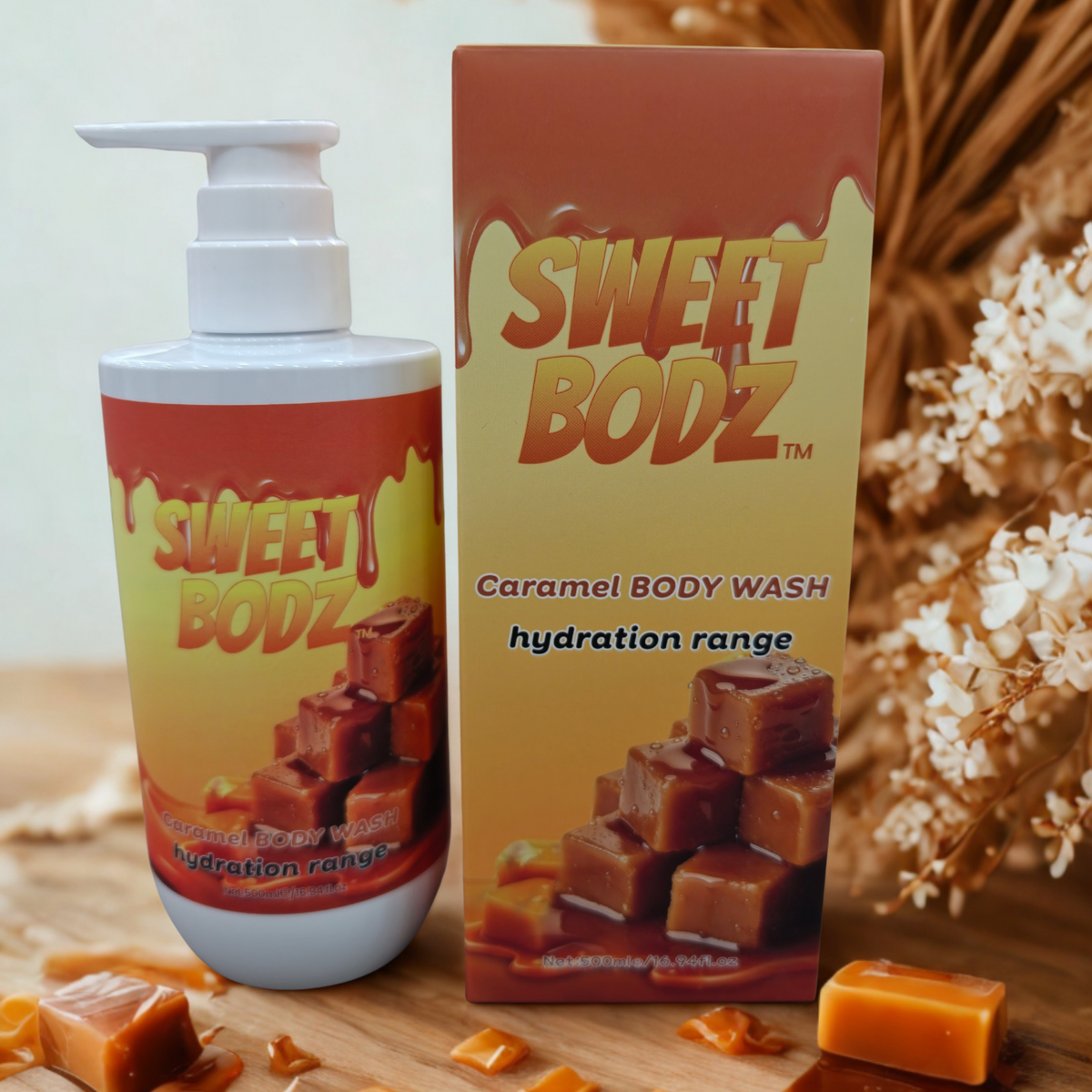 SWEETBODZ Caramel Body Wash 500ml featuring body wash, product packaging and rich caramel pieces in a caramel-inspired setting