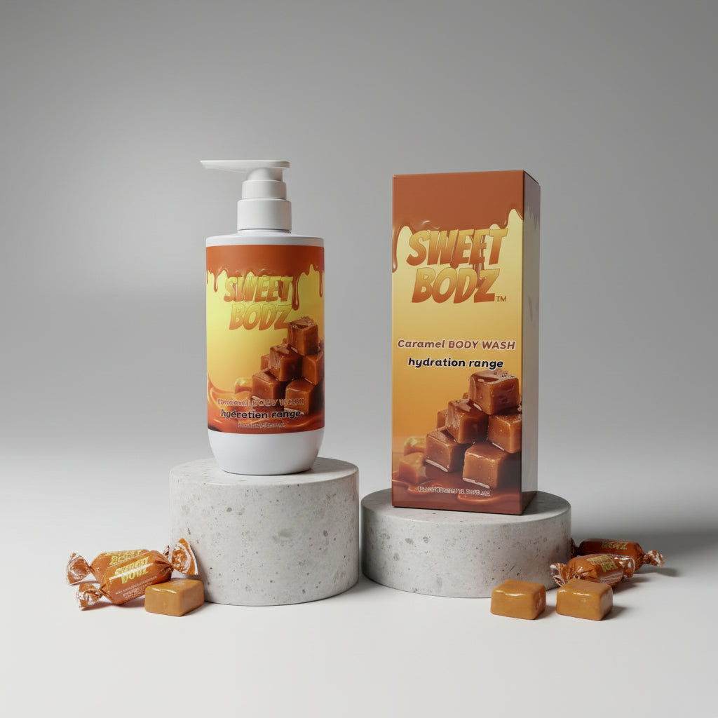 SWEETBODZ Caramel Body Wash 500ml displayed on studio pedestals with caramel sweets and matching product packaging