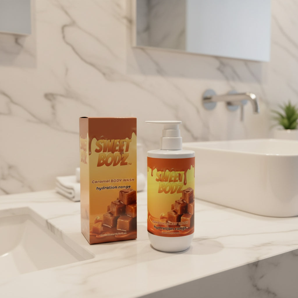 SWEETBODZ Caramel Body Wash 500ml displayed in a modern bathroom setting with matching product packaging