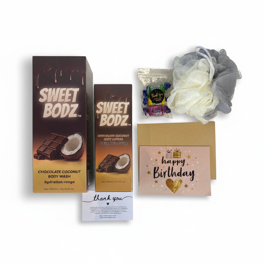 SWEETBODZ Chocolate Coconut Birthday Gift Box contents including body wash, body lotion, bath pouf, sweet treats, birthday card and thank you card.