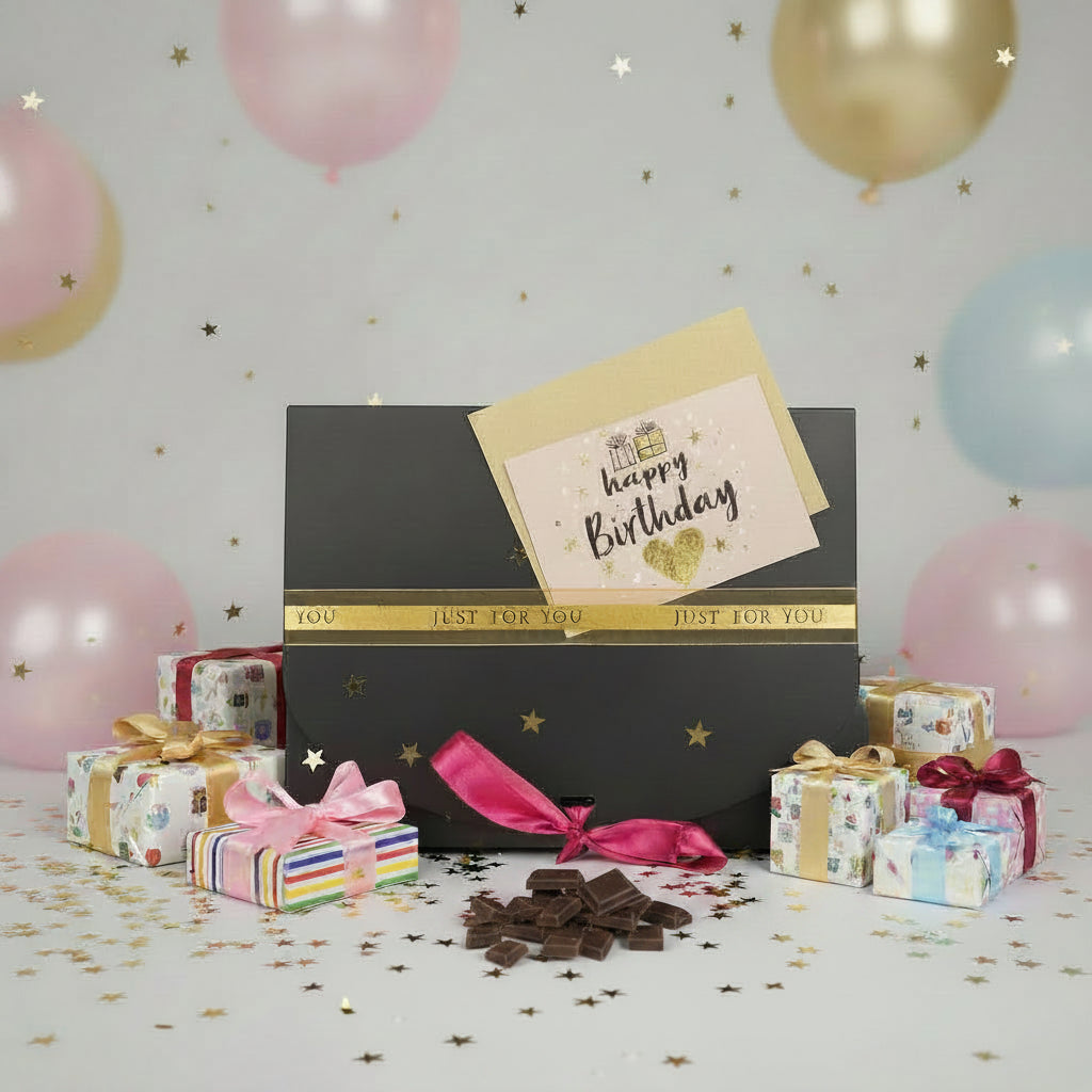 SWEETBODZ Chocolate Coconut Birthday Gift Box presented in premium gift packaging with birthday-themed card, ribbon, chocolate pieces and decorative finishing touches