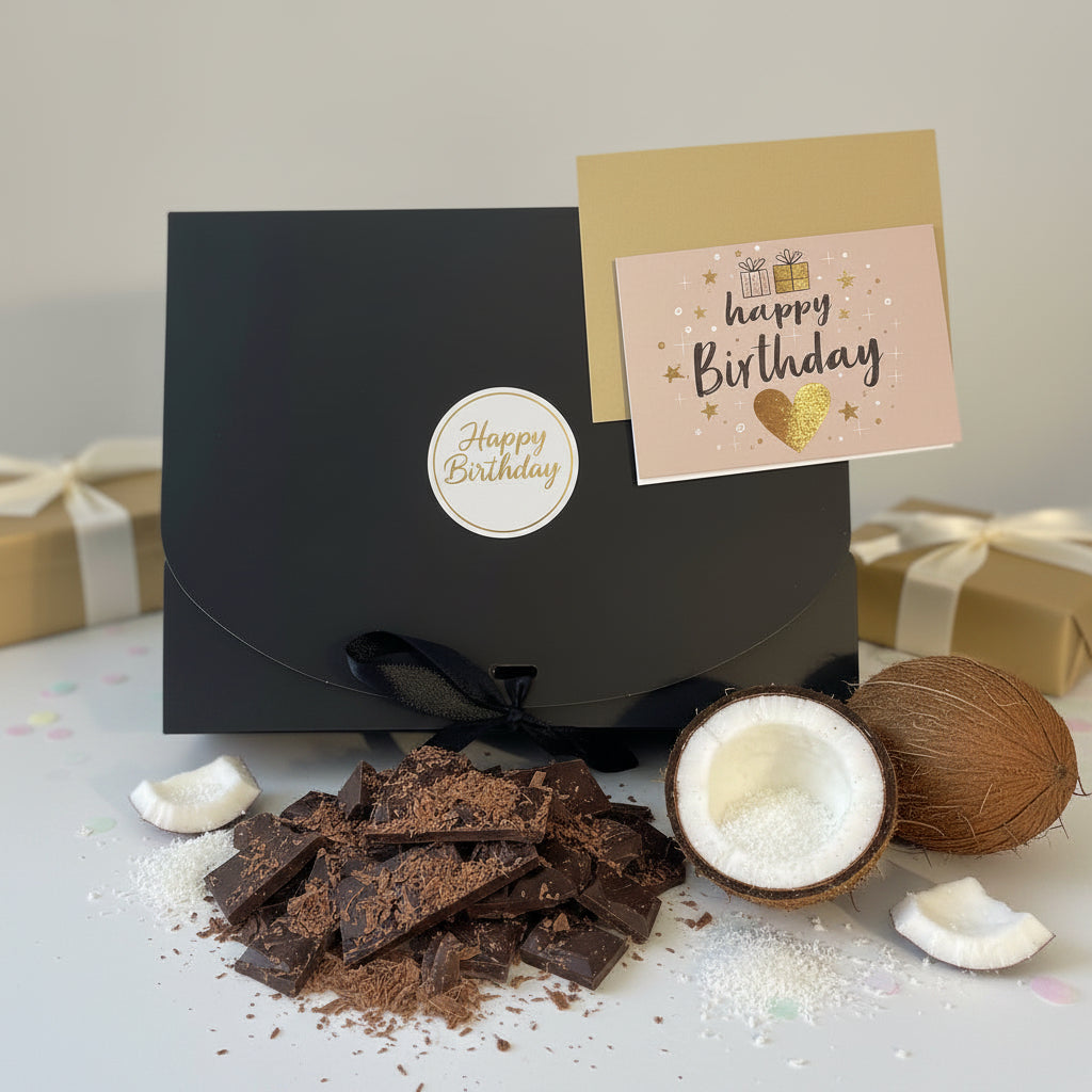 SWEETBODZ Chocolate Coconut Birthday Gift Box presented in premium gift packaging with birthday card, chocolate pieces, coconut and decorative finishing touches