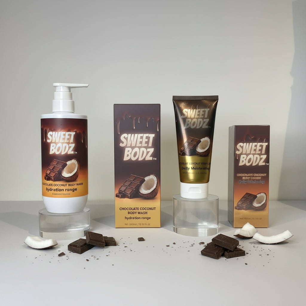 SWEETBODZ Chocolate Coconut Body Wash and Chocolate Coconut Body Lotion displayed with matching product packaging, chocolate pieces and coconut slices