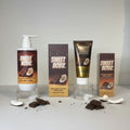 SWEETBODZ Chocolate Coconut Body Wash and Chocolate Coconut Body Lotion displayed with matching product packaging, chocolate pieces and coconut slices