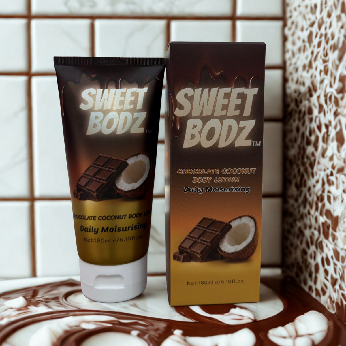 SWEETBODZ Chocolate Coconut Body Lotion 180ml featuring body lotion, product packaging, chocolate pieces and coconut-inspired imagery