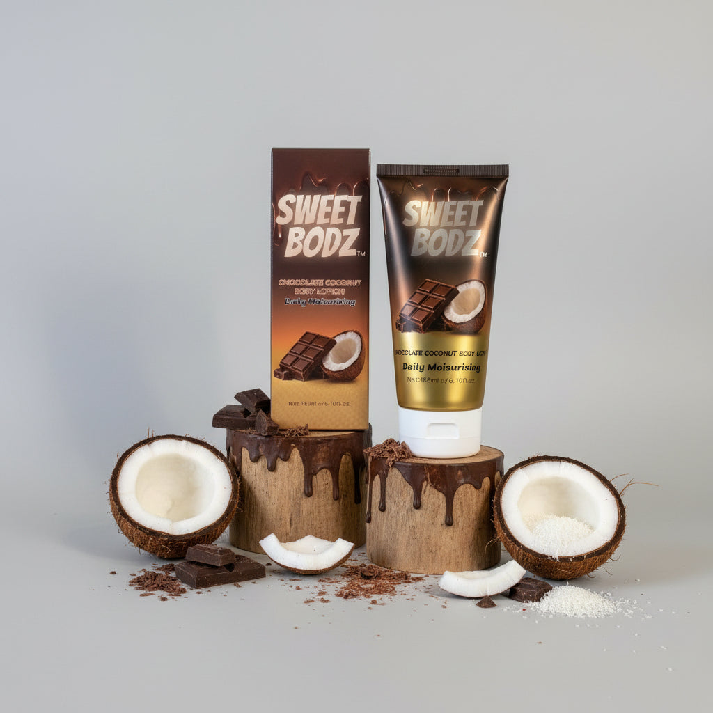 SWEETBODZ Chocolate Coconut Body Lotion 180ml with retail packaging, chocolate pieces and coconut halves on a white background