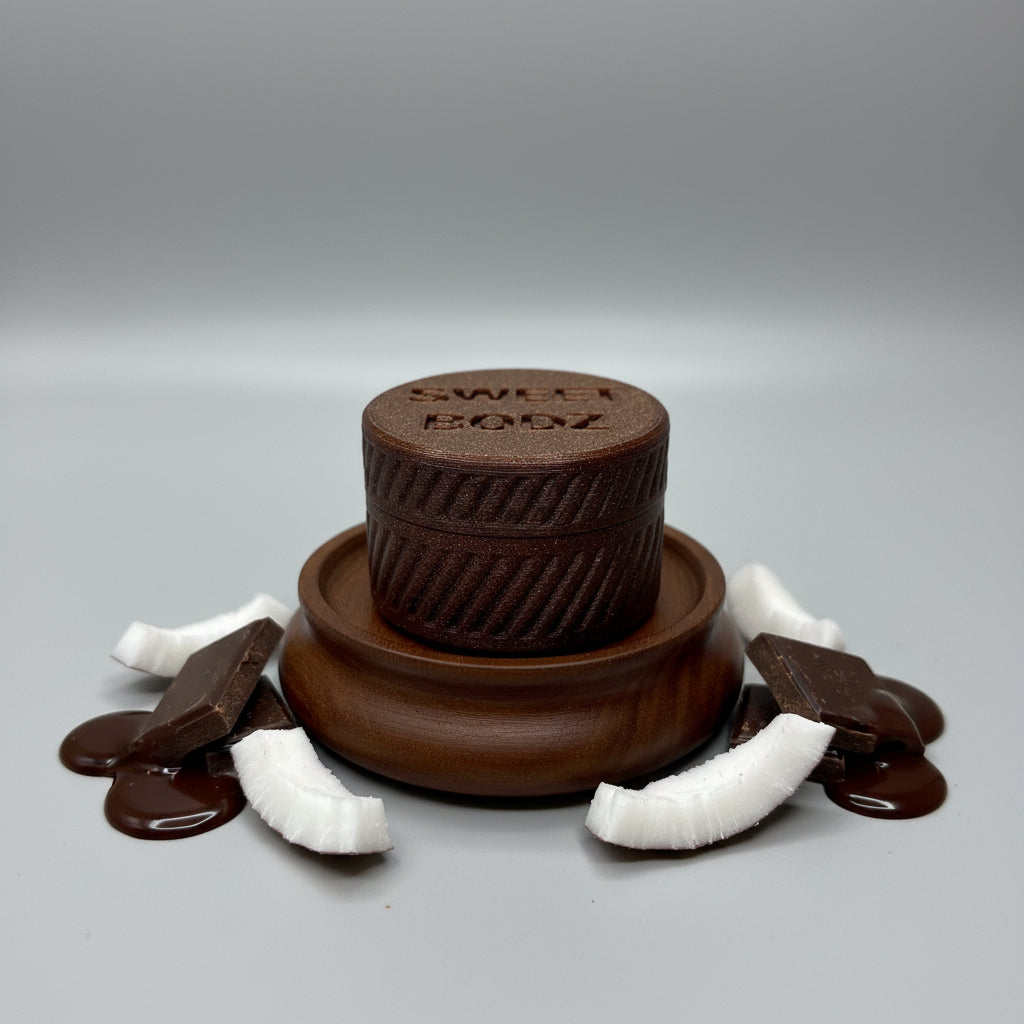 SWEETBODZ Chocolate Coconut Body Lotion Sample Pot 10ml displayed with coconut pieces and chocolate on a white background