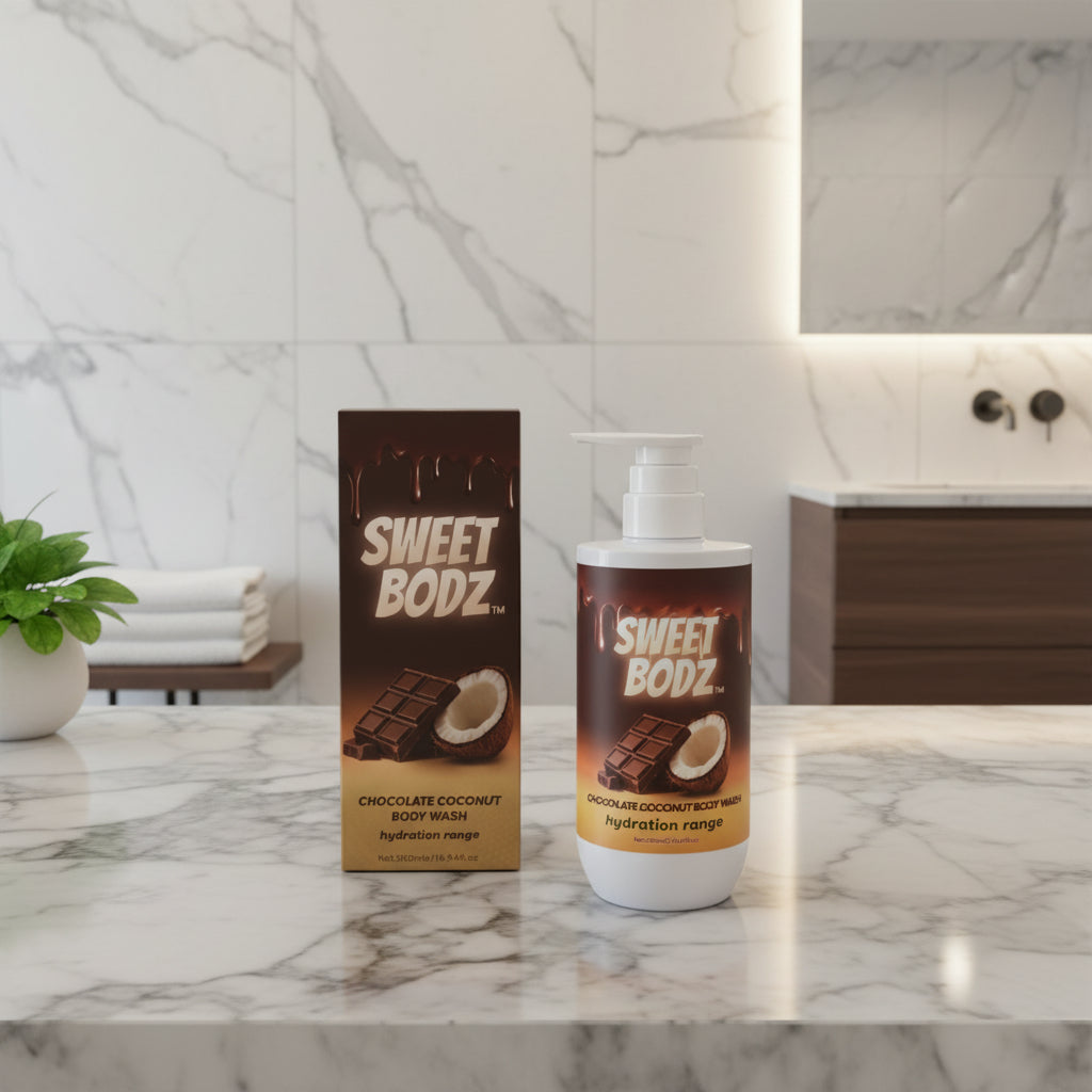 SWEETBODZ Chocolate Coconut Body Wash 500ml displayed in a modern bathroom setting with matching product packaging