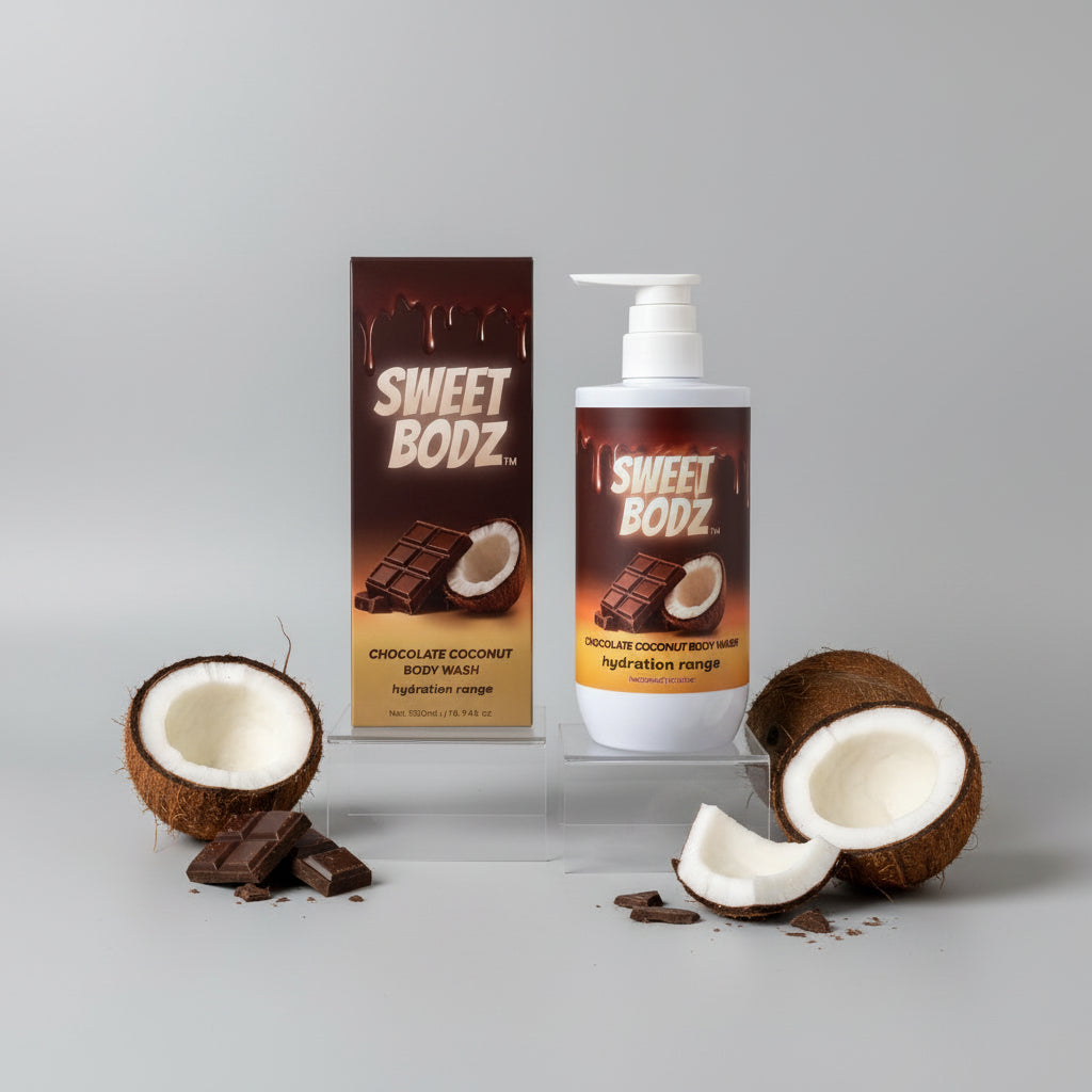 SWEETBODZ Chocolate Coconut Body Wash 500ml displayed on clear studio pedestals with coconut halves, chocolate pieces and matching product packaging