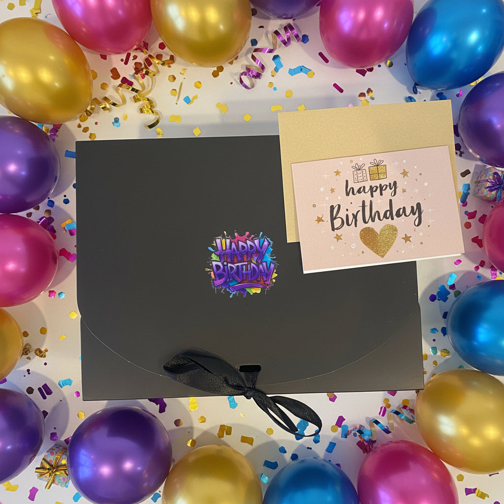 SWEETBODZ Grape Birthday Gift Box presented in premium gift packaging with birthday-themed card, balloons and celebratory decorative finishing touches