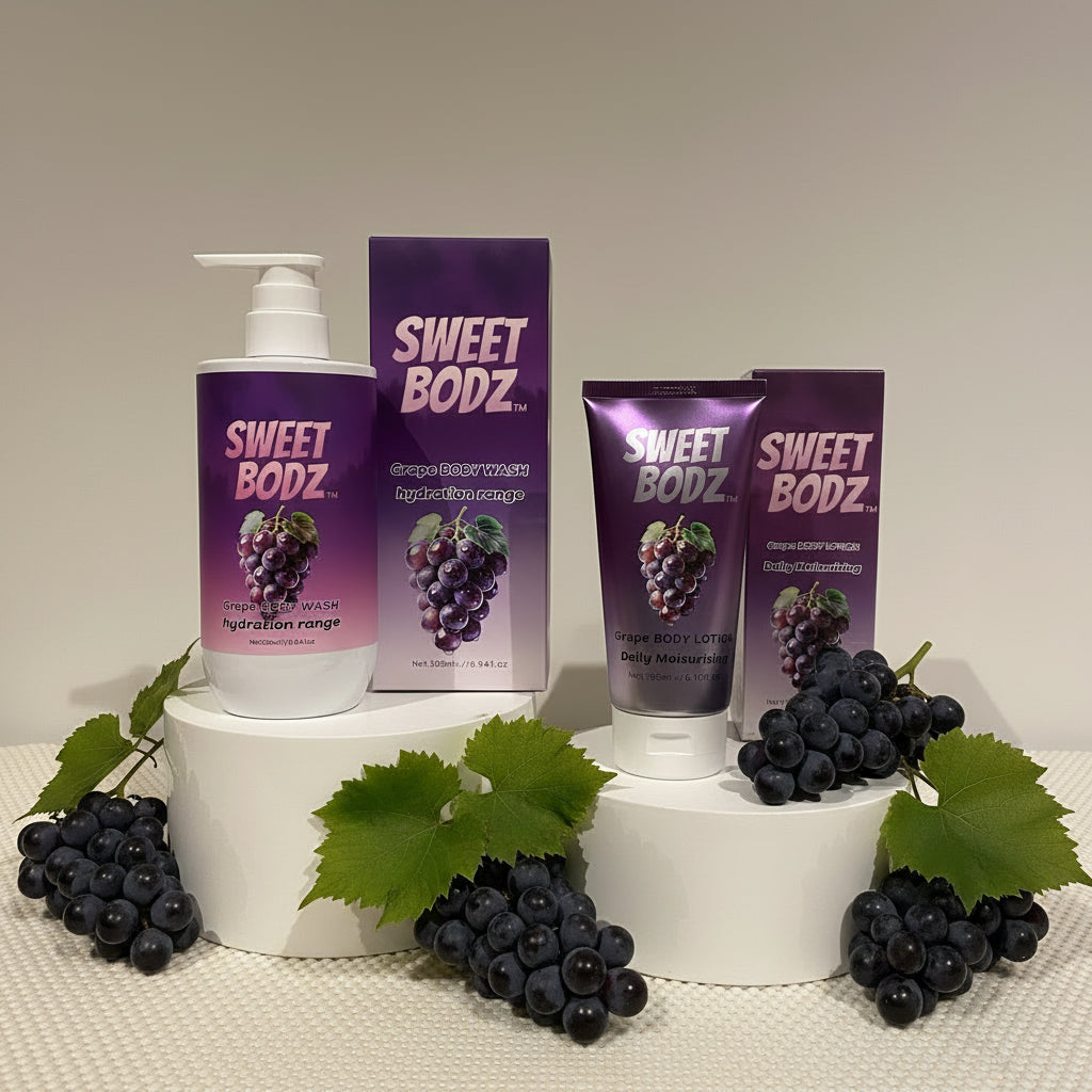 SWEETBODZ Grape Body Care Bundle featuring grape body wash, grape body lotion, product packaging and fresh grapes on a studio display.