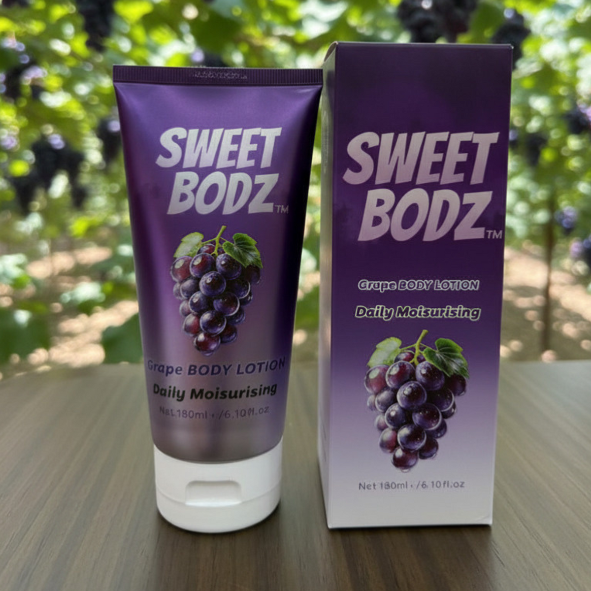 SWEETBODZ Grape Body Lotion 180ml featuring body lotion, product packaging and grape-inspired imagery