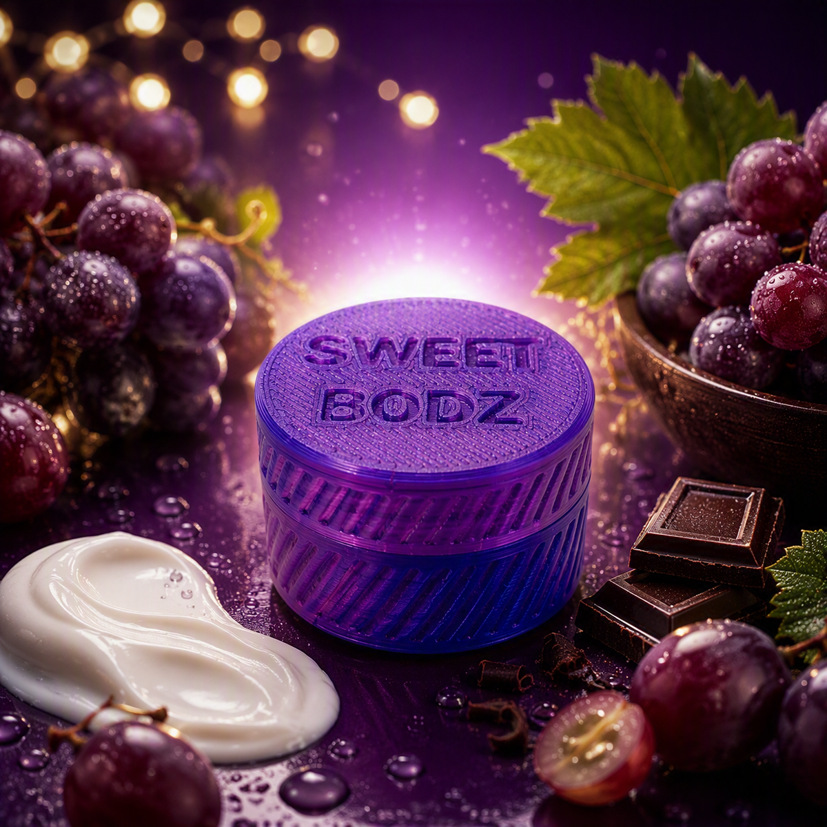 SWEETBODZ Grape Body Lotion Sample Pot 10ml with grape-inspired fragrance imagery and white body lotion cream