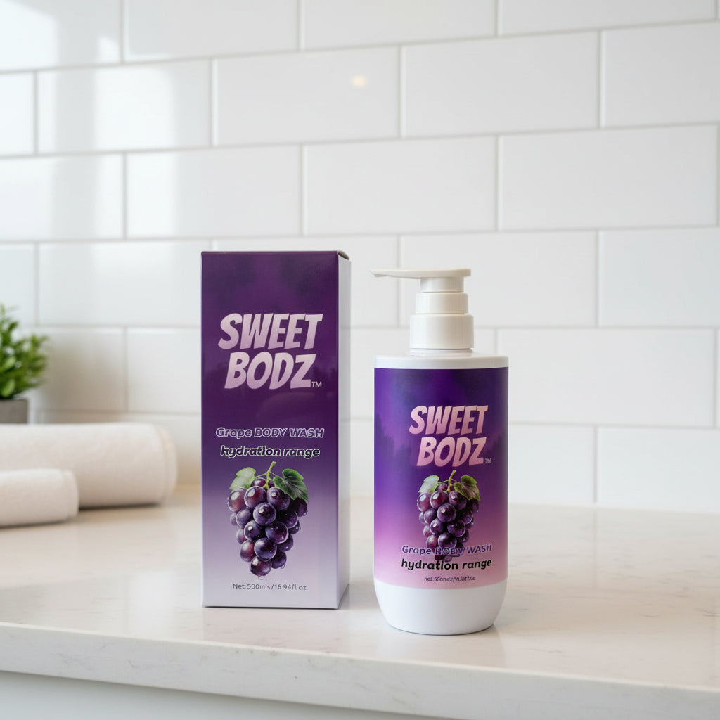 SWEETBODZ Grape Body Wash 500ml displayed in a modern bathroom setting with product packaging and spa-inspired surroundings