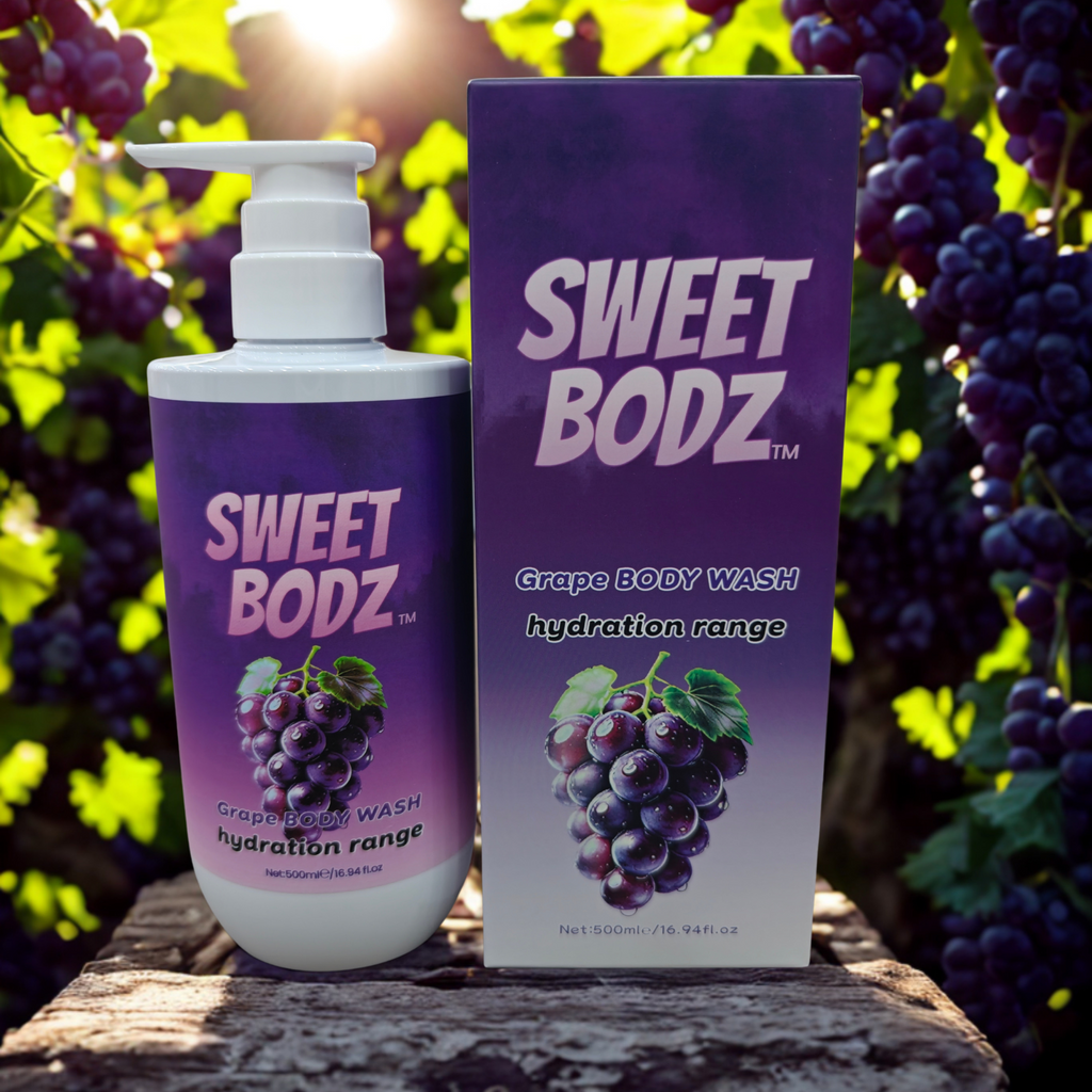 SWEETBODZ Grape Body Wash 500ml featuring body wash, product packaging and fresh grapes in a vineyard-inspired setting