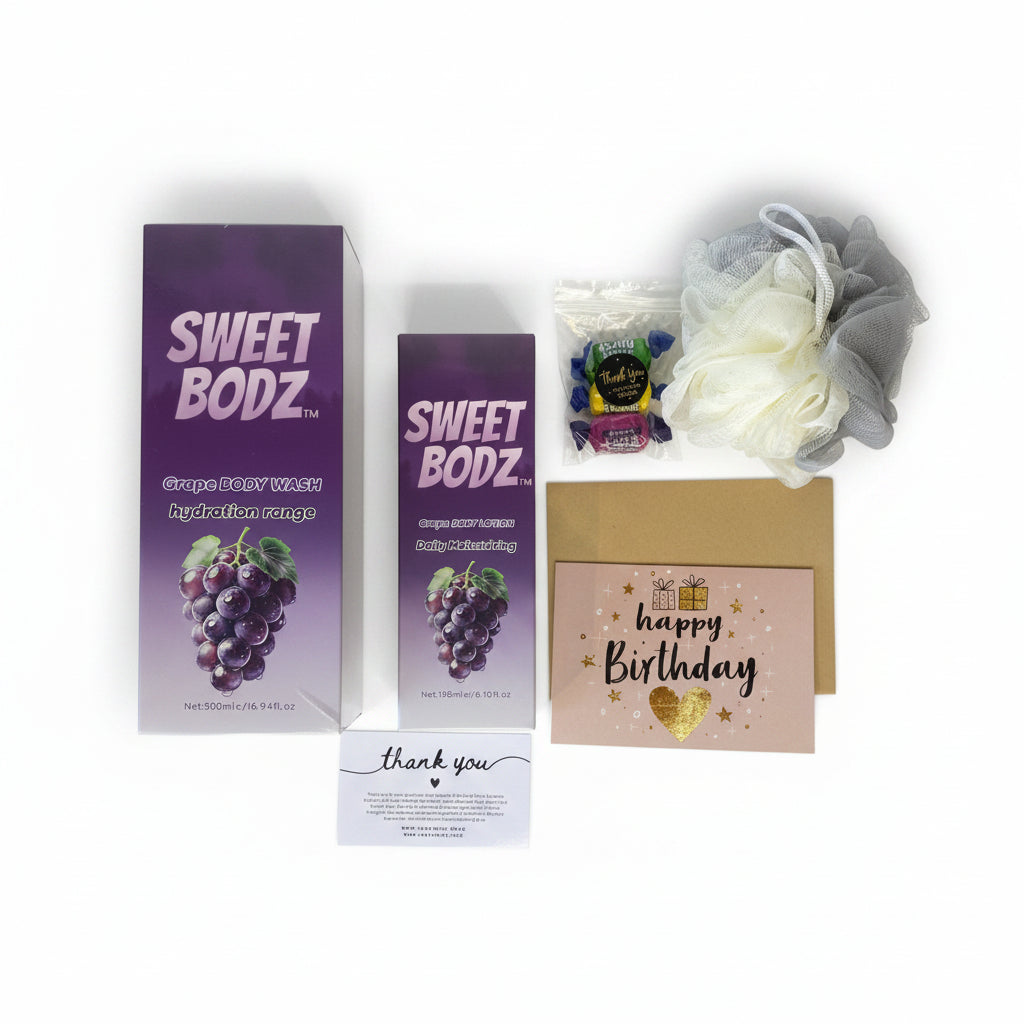 SWEETBODZ Grape Someone Special Gift Box contents including body wash, body lotion, bath pouf, sweet treats and greeting card