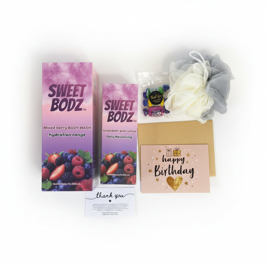 SWEETBODZ Mixed Berry Birthday Gift Box contents including body wash, body lotion, bath pouf, sweet treats, birthday-themed card and thank you card