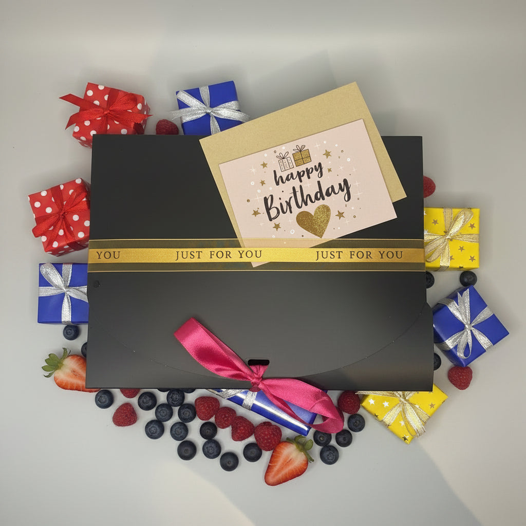 SWEETBODZ Mixed Berry Birthday Gift Box presented in premium gift packaging with birthday-themed card, ribbon, mixed berries and decorative finishing touches.
