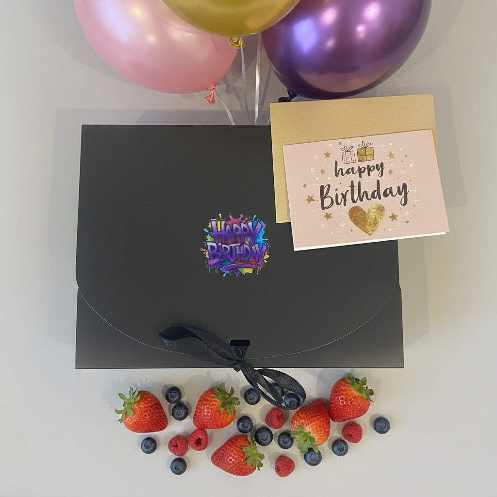 SWEETBODZ Mixed Berry Birthday Gift Box presented in premium gift packaging with birthday card, mixed berries and decorative finishing touches