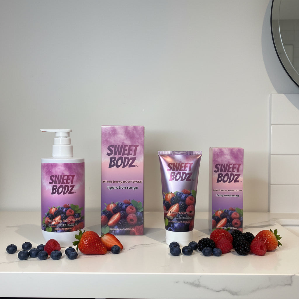 SWEETBODZ Mixed Berry Body Wash and Mixed Berry Body Lotion displayed with matching product packaging surrounded by strawberries, raspberries, blueberries and blackberries