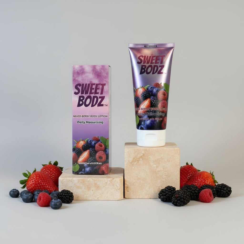 SWEETBODZ Mixed Berry Body Lotion 180ml with retail packaging display
