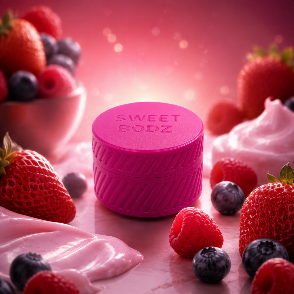 SWEETBODZ® Mixed Berry Body Lotion Sample Pot 10ml surrounded by strawberries, raspberries and blueberries