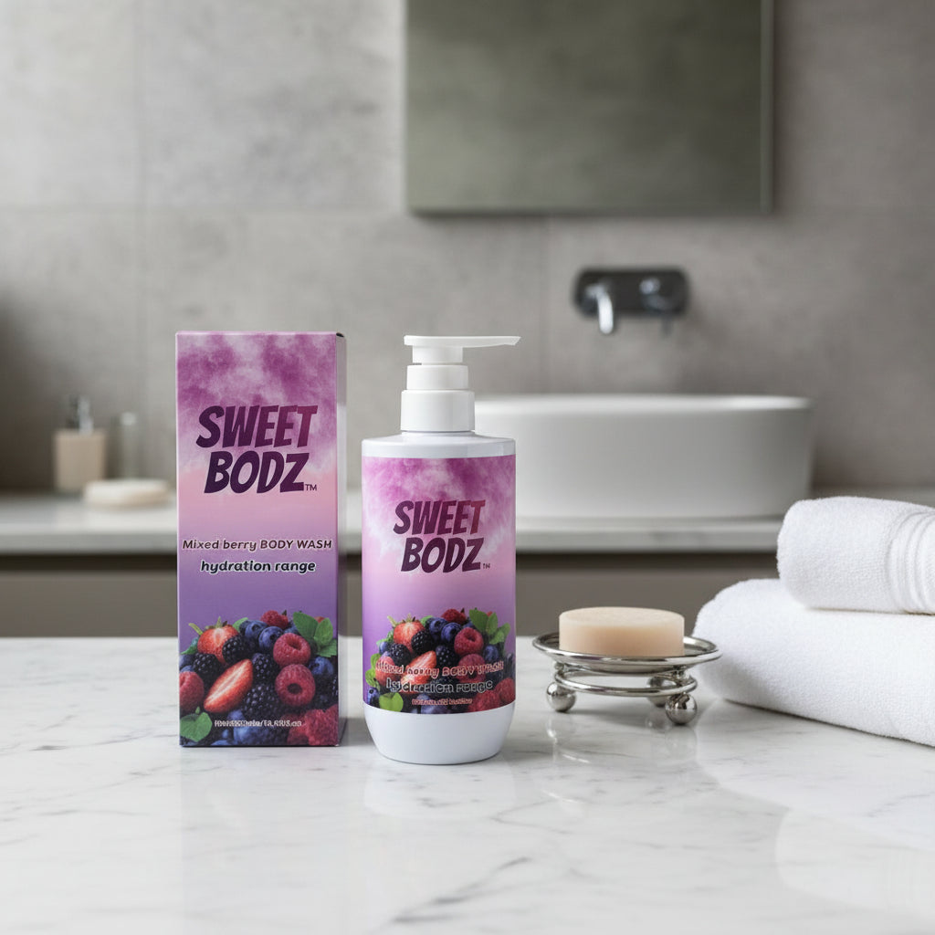 SWEETBODZ Mixed Berry Body Wash 500ml displayed in a modern bathroom setting with product packaging and bathroom accessories