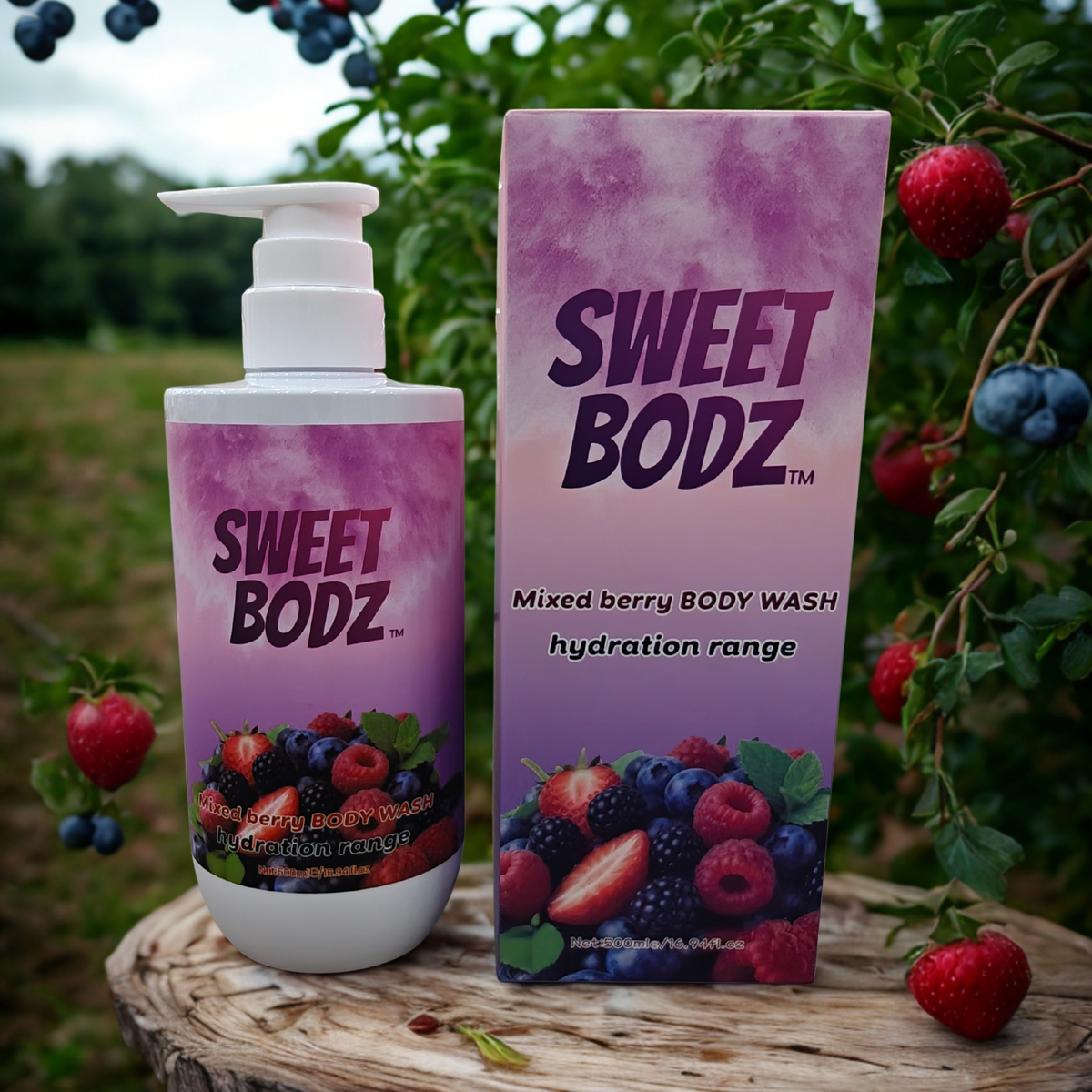 SWEETBODZ Mixed Berry Body Wash 500ml featuring body wash, product packaging and fresh mixed berry imagery