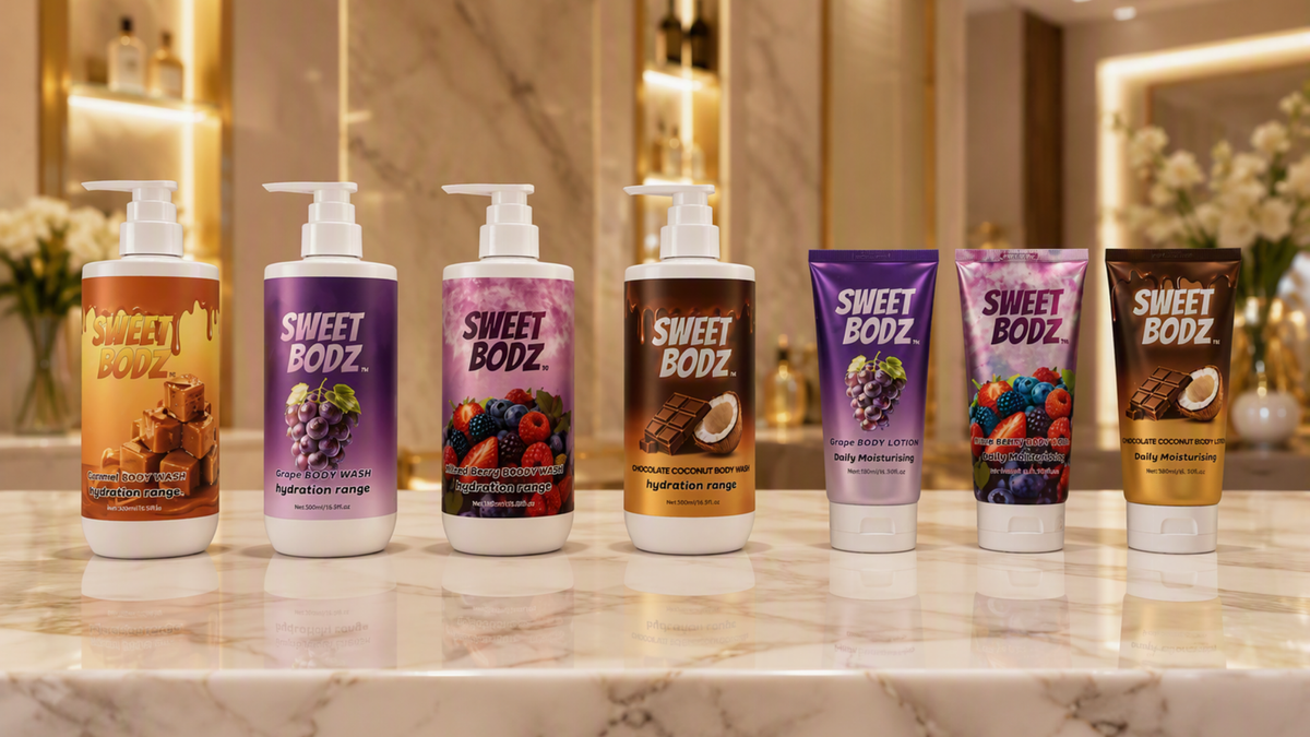 SWEETBODZ body care collection featuring caramel, grape, mixed berry and chocolate coconut body wash and body lotion products displayed in a luxury showroom setting